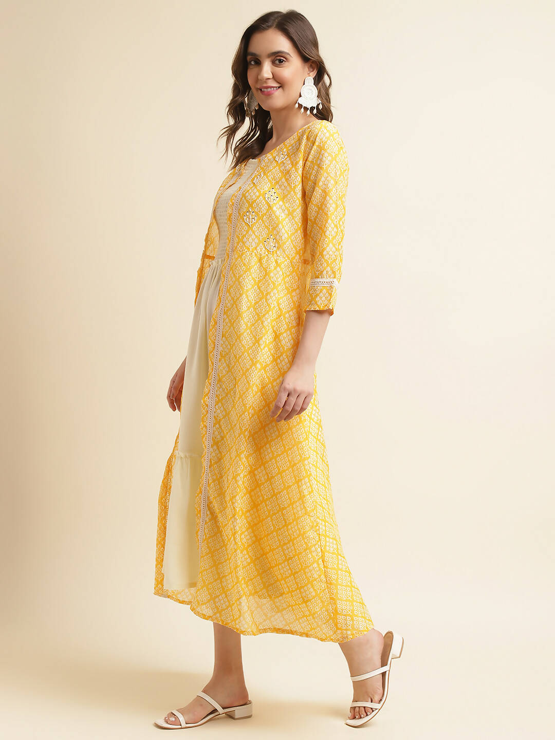 White Cotton Solid Flared Dress with Printed Shrug - Yukti - Distacart