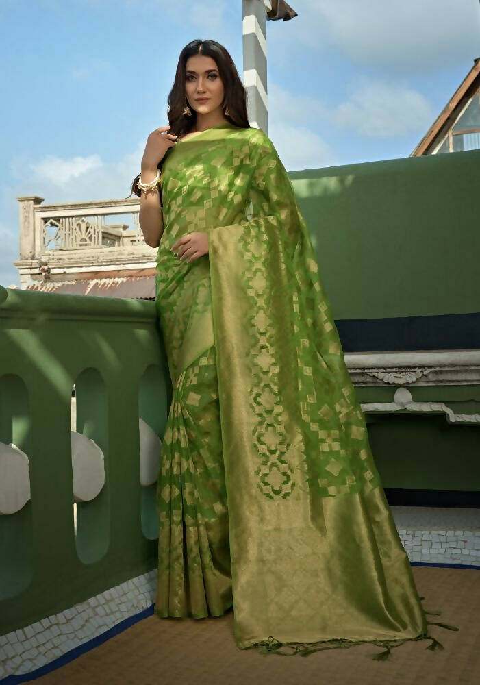Glamorous Designer Parrot Green Color Organza Silk Saree With Weaving Work - Yomika Fashions - Distacart