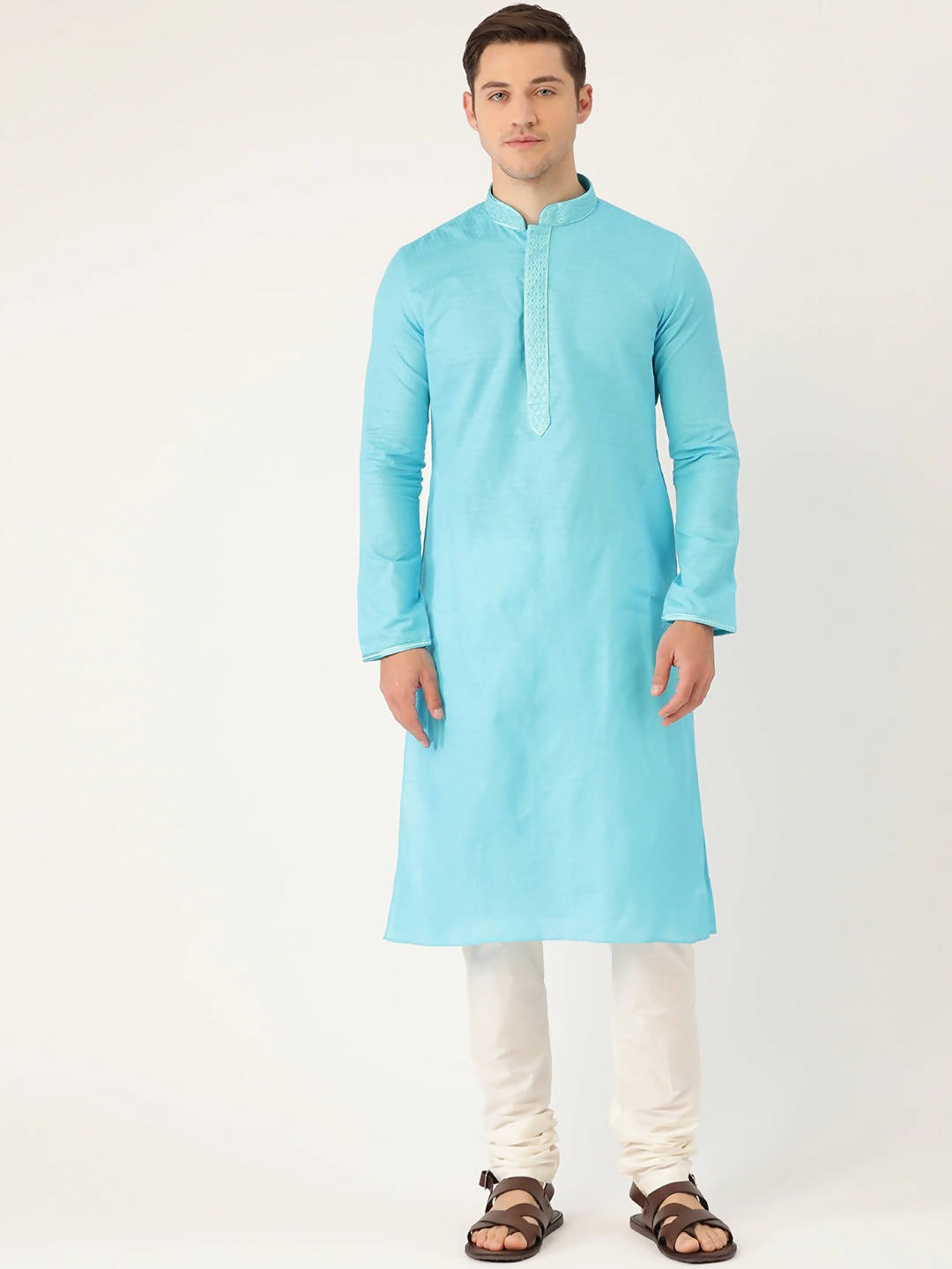 Manyavar Men Blue & White Design Kurta with Churidar - Distacart