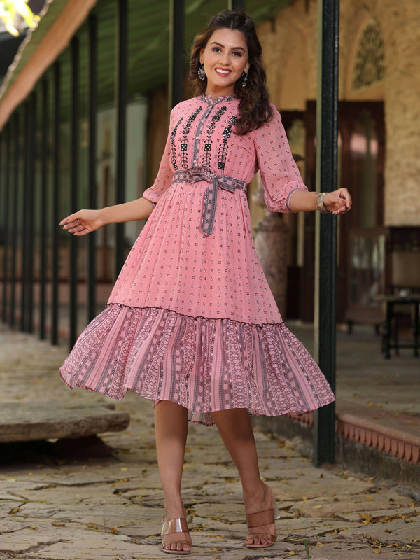 Juniper Women's Pink Georgette Printed Flared Dress - Distacart