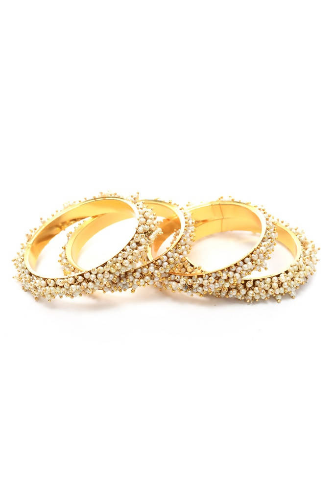 Mominos Fashion Kamal Johar Pearls Golden Off White Beads Bangles Set