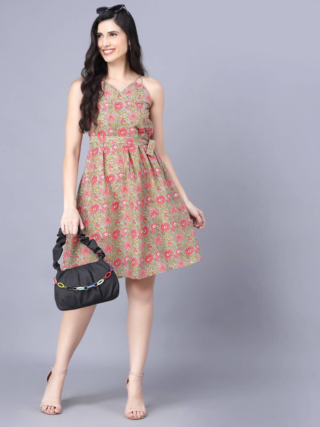 Myshka Cotton Printed Sleeveless Shoulder Straps Multicolor Women Dress - Distacart