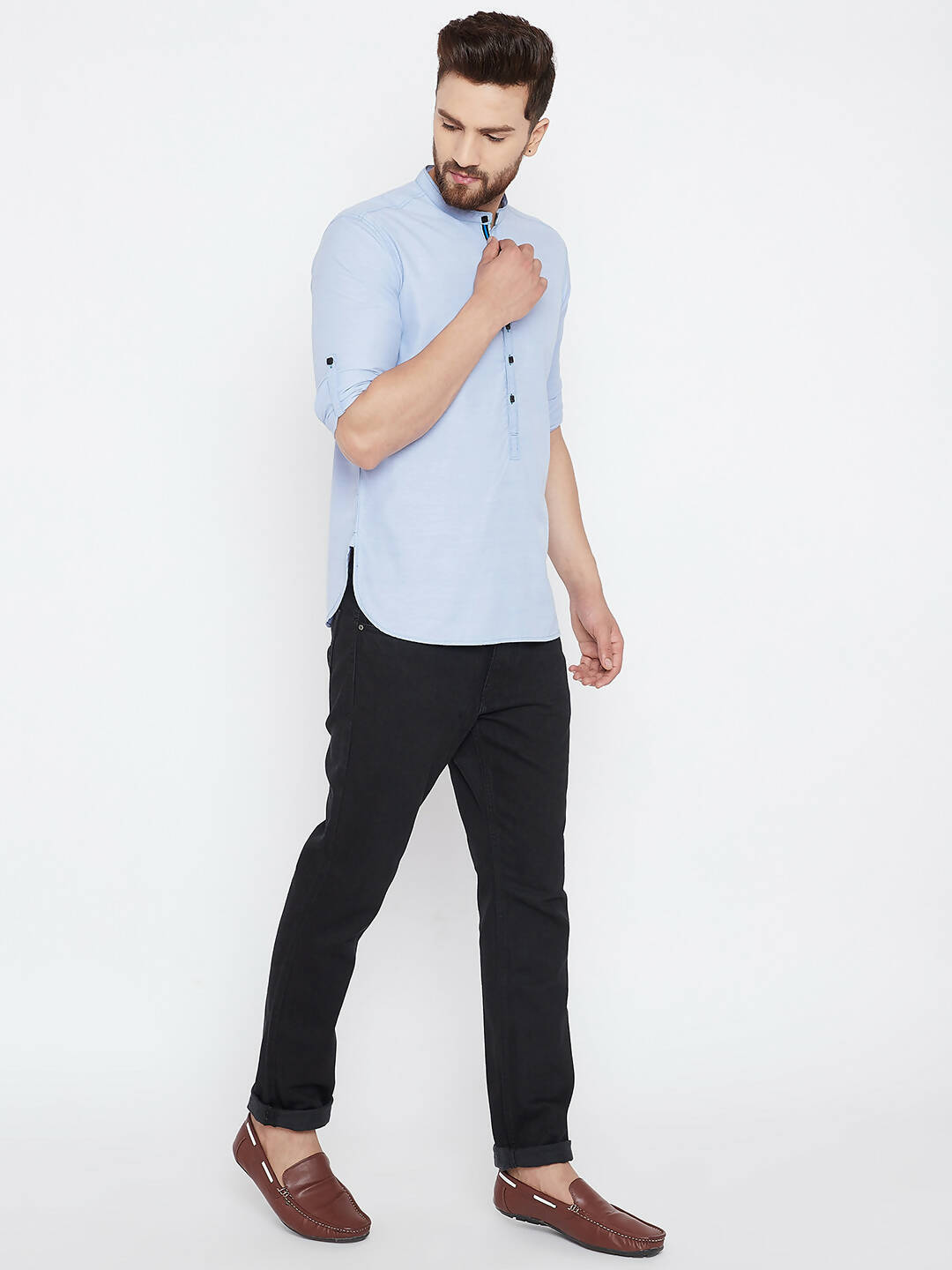Even Apparels Blue Pure Cotton With Band Collar Men's Kurta - Distacart