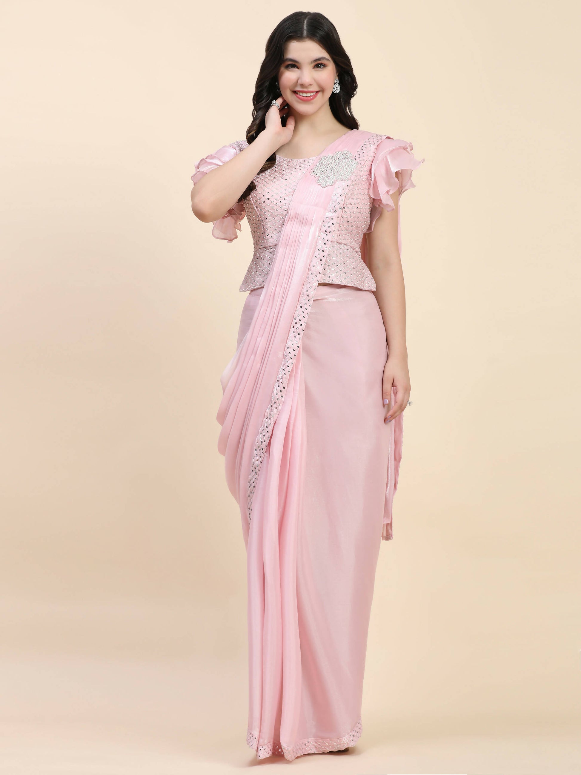 Pink Silk Satin Sequence Work Ready to Wear Saree with stitched Blouse - Nirvana - Distacart