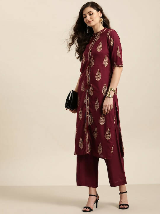 Women Maroon & Golden Pure Cotton Printed Kurta with Palazzos - Vishwa - Distacart