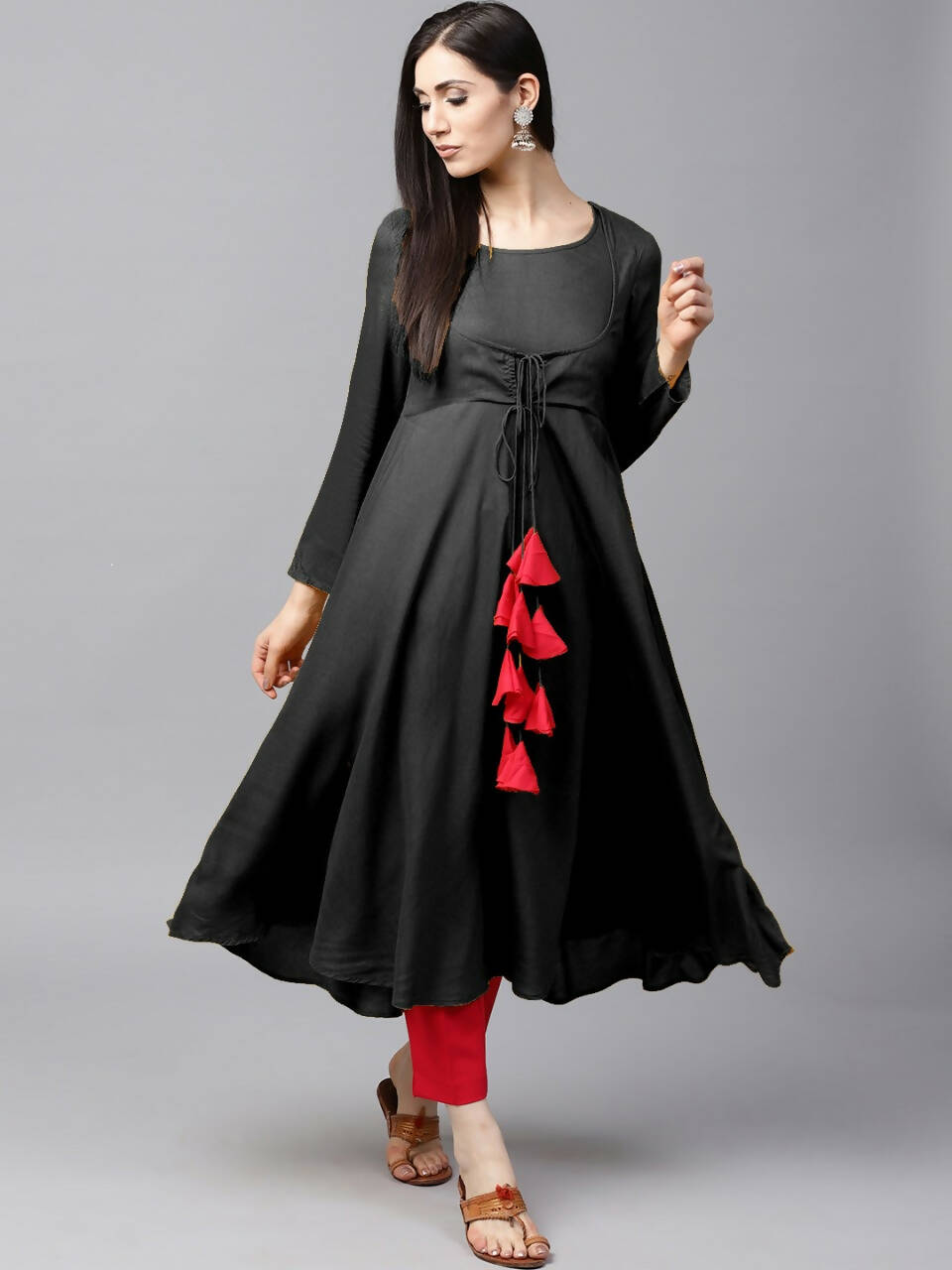Women's Black Flared Kurti With Front Round Neck And Choli Cut With Dori And Tassels - G & A Apparels - Distacart