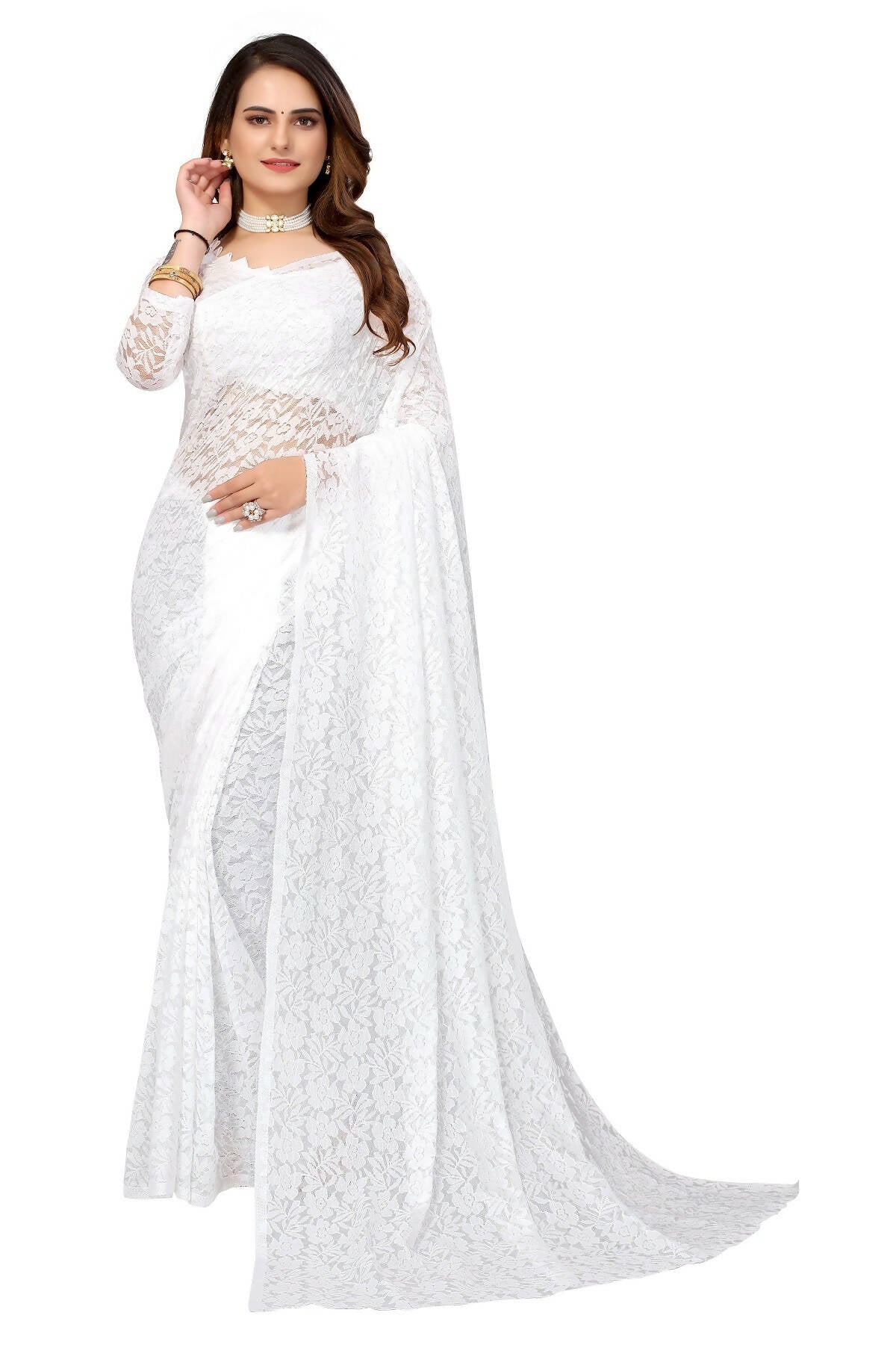 Vamika White Pearls Net Saree - Distacart
