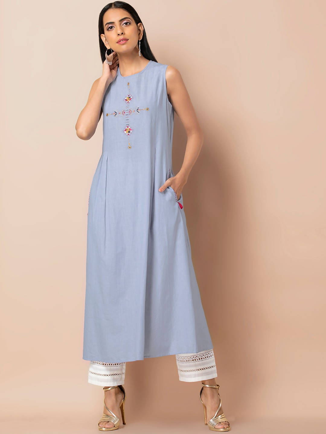 Indya Women Blue Solid A-Line Kurta - Distacart