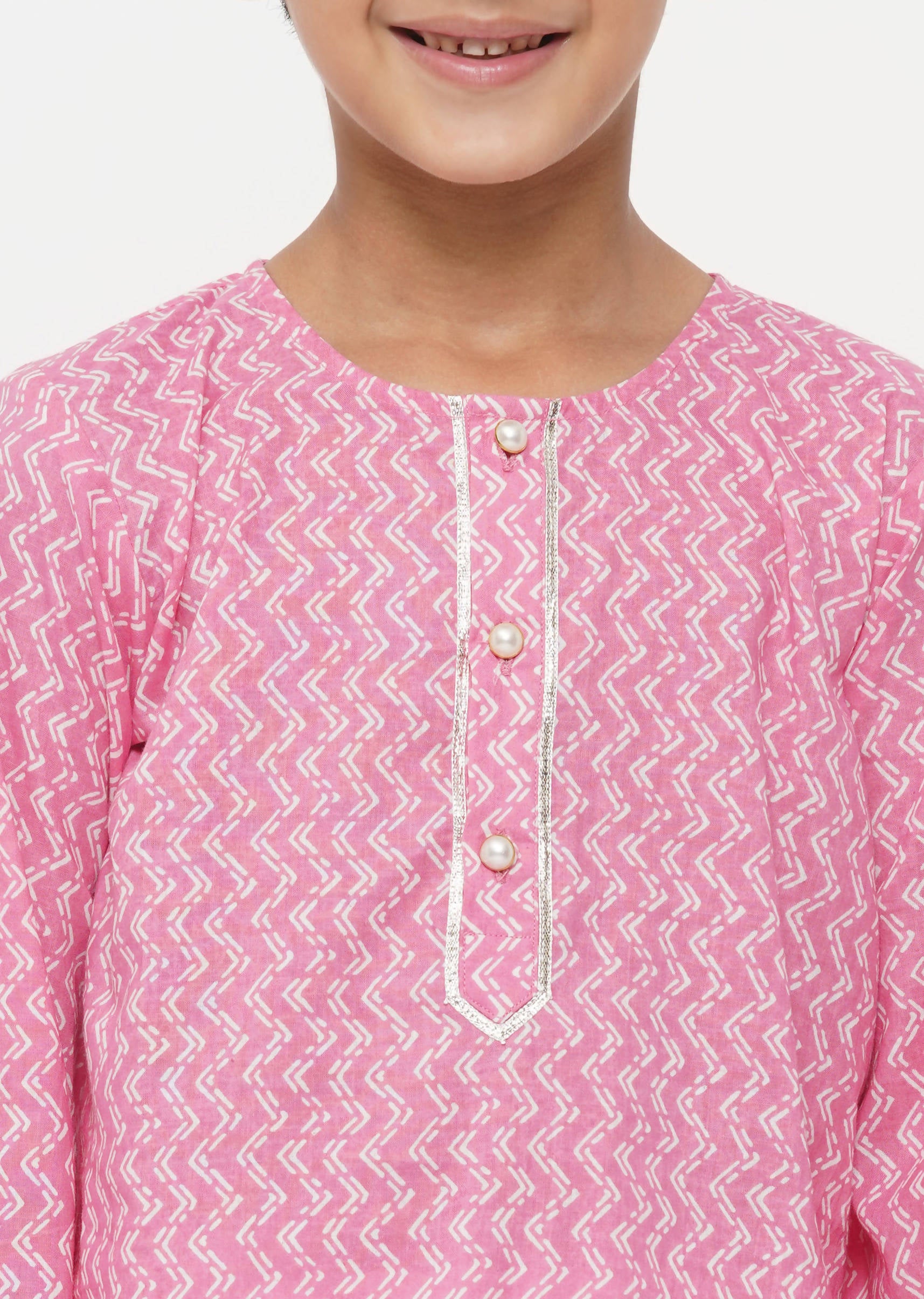 Little Bansi Cotton Jaipuri Kurta with Pearl Buttons & Pyjama -Pink & Cream - Distacart