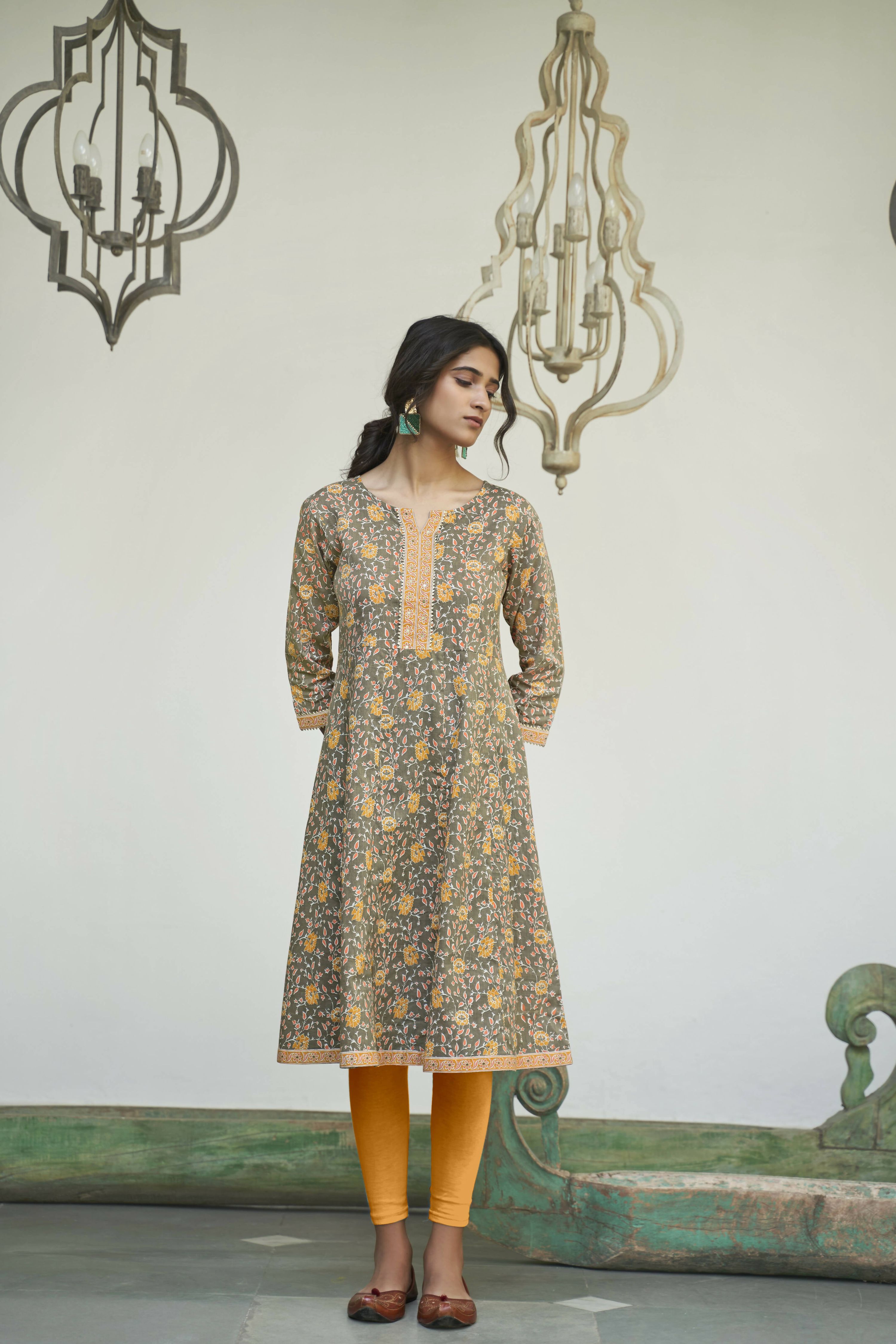 Grey Cotton Floral Printed A line Kurta - Prasuti - Distacart