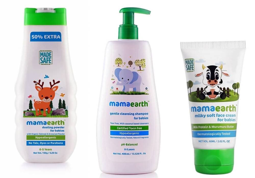 Mamaearth Dusting Powder + Shampoo + Face Cream For Babies Combo Pack