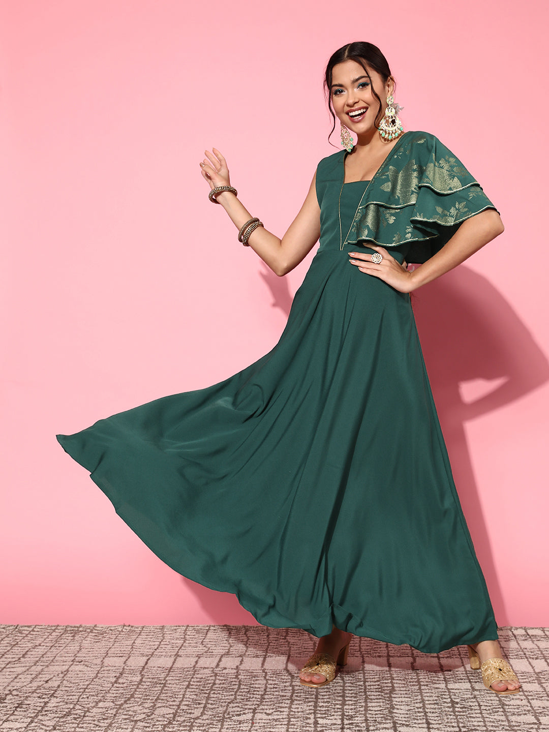 Ahalyaa Gorgeous Green Ethnic Motifs Ruffled Dress - Distacart