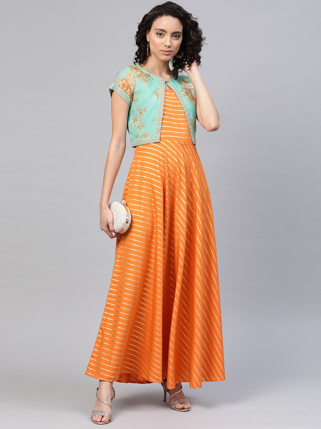 Ahalyaa Orange & Sea Green Striped Maxi Dress with Ethnic Jacket