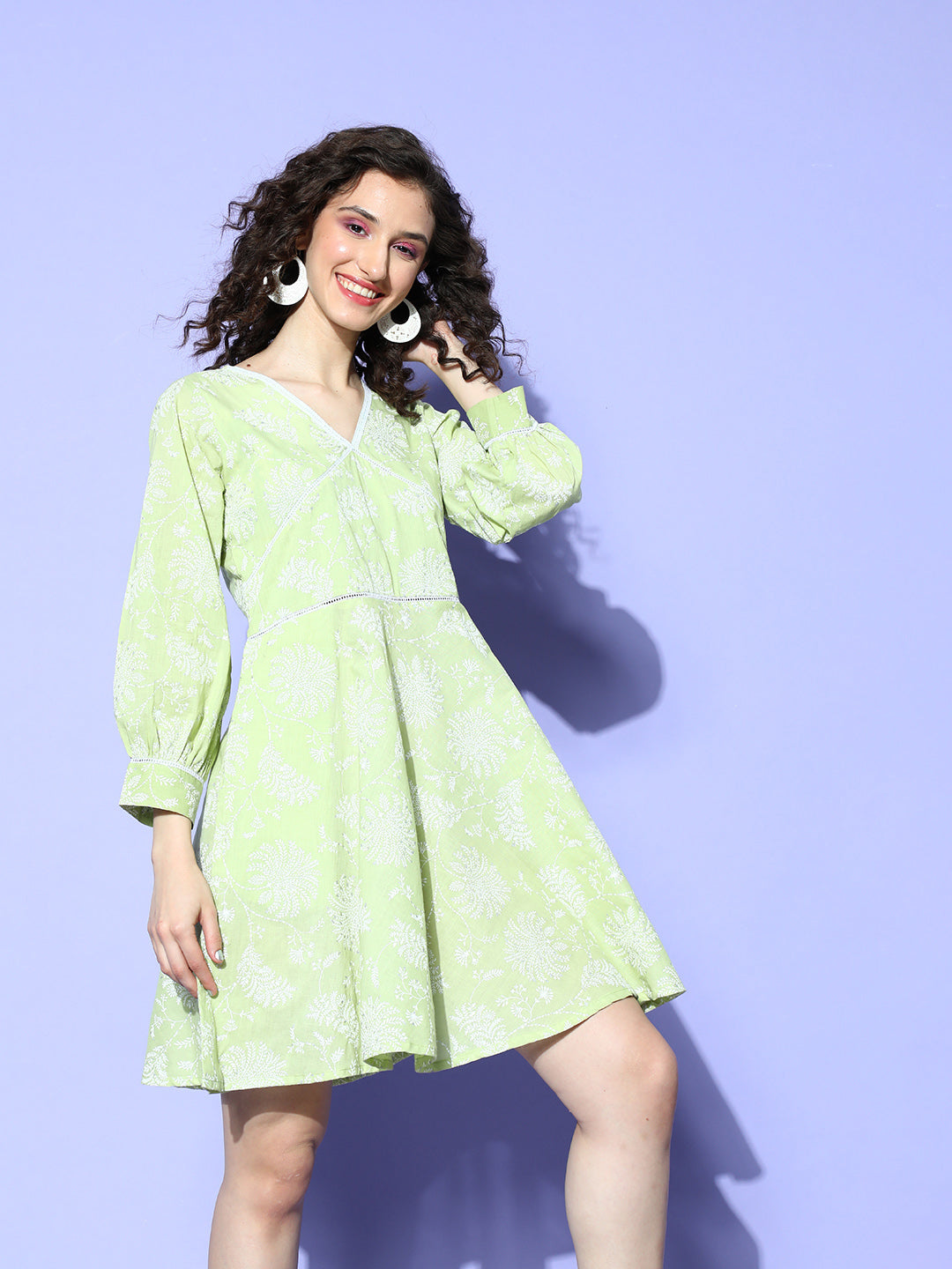Ahalyaa Green & White Floral Print Puff Sleeves Ethnic Dress - Distacart