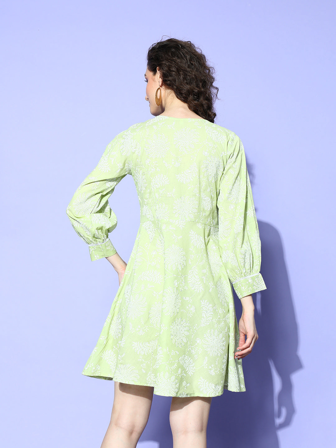Ahalyaa Green & White Floral Print Puff Sleeves Ethnic Dress - Distacart