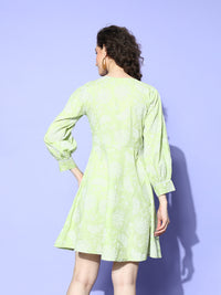 Thumbnail for Ahalyaa Green & White Floral Print Puff Sleeves Ethnic Dress - Distacart