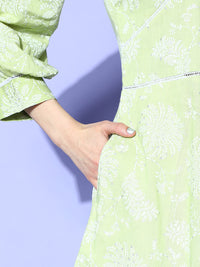Thumbnail for Ahalyaa Green & White Floral Print Puff Sleeves Ethnic Dress - Distacart
