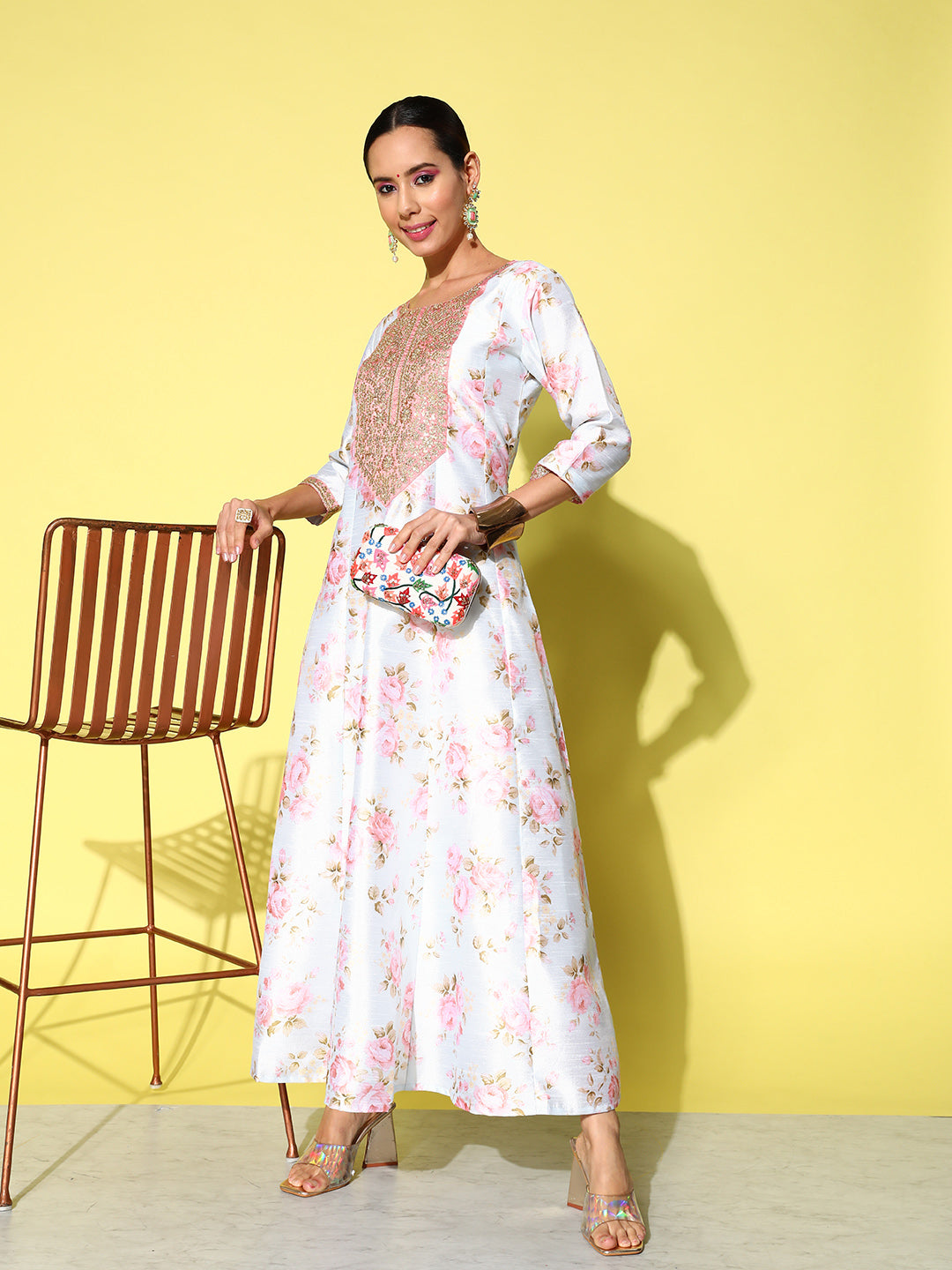 Ahalyaa Embroidered Floral Printed Ethnic A-Line Maxi Dress - Distacart