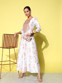 Thumbnail for Ahalyaa Embroidered Floral Printed Ethnic A-Line Maxi Dress - Distacart