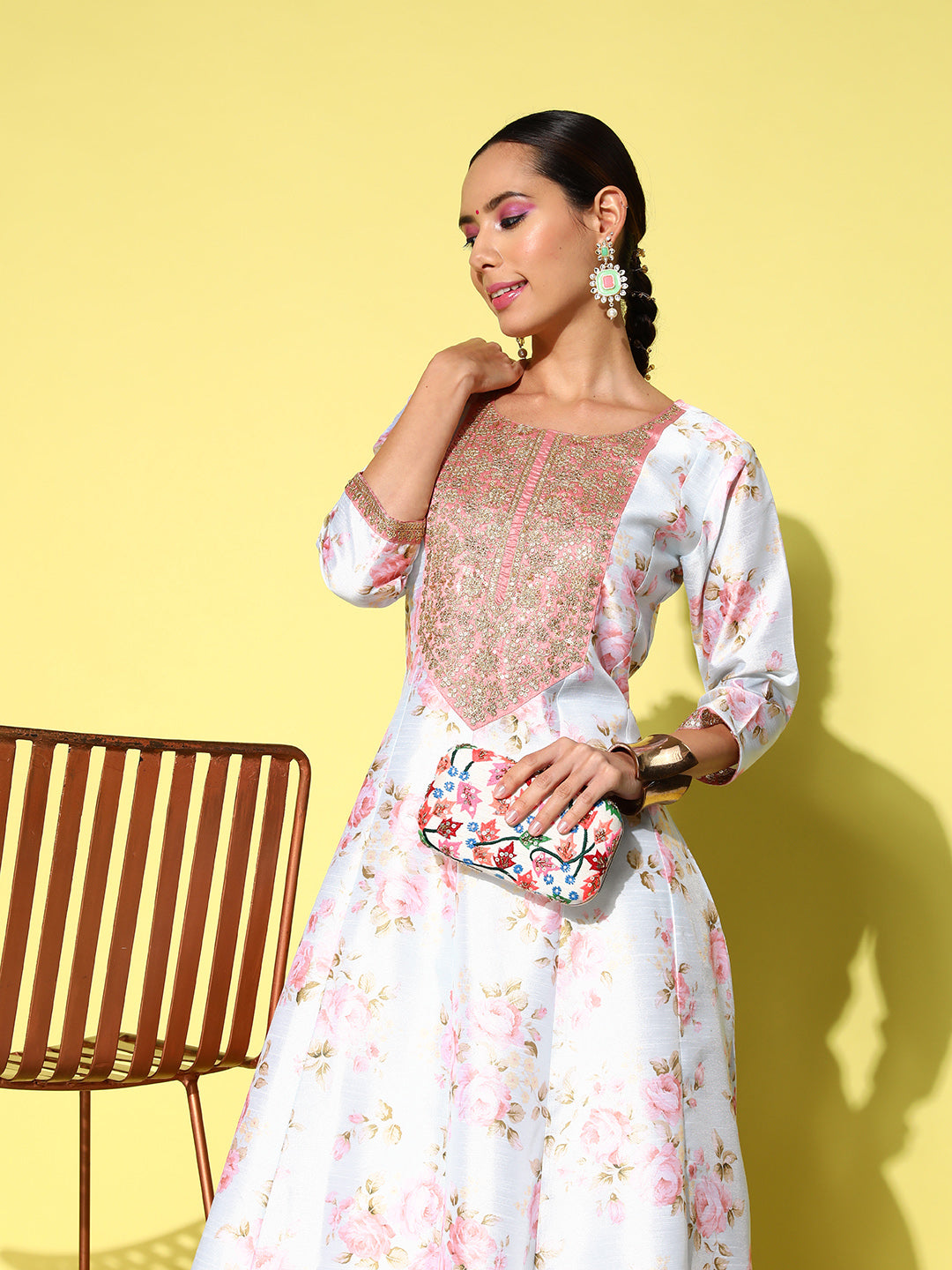 Ahalyaa Embroidered Floral Printed Ethnic A-Line Maxi Dress - Distacart