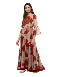 Thumbnail for Ahalyaa Beige & Red Chanderi Floor Length Anarkali Dress