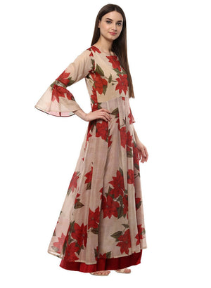 Ahalyaa Beige & Red Chanderi Floor Length Anarkali Dress
