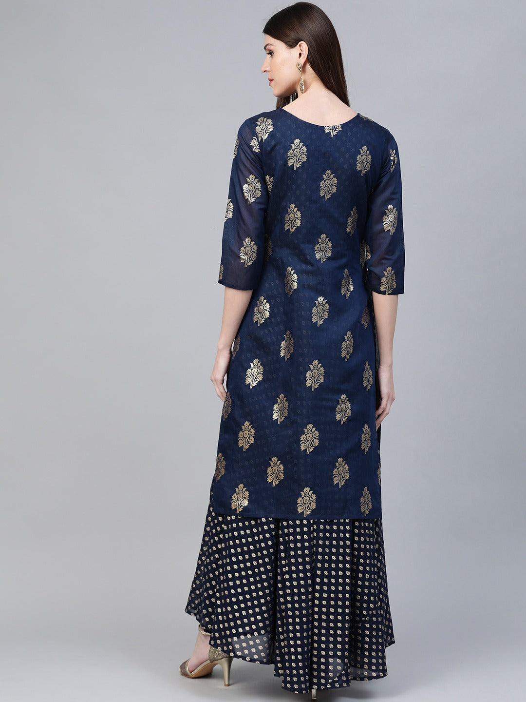 Ahalyaa Women Navy Blue & Golden Foil Printed Layered Maxi Dress