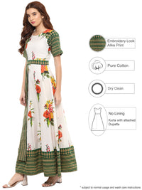 Thumbnail for Ahalyaa Cotton Floral Attached Dupatta With Belt Flared Kurta