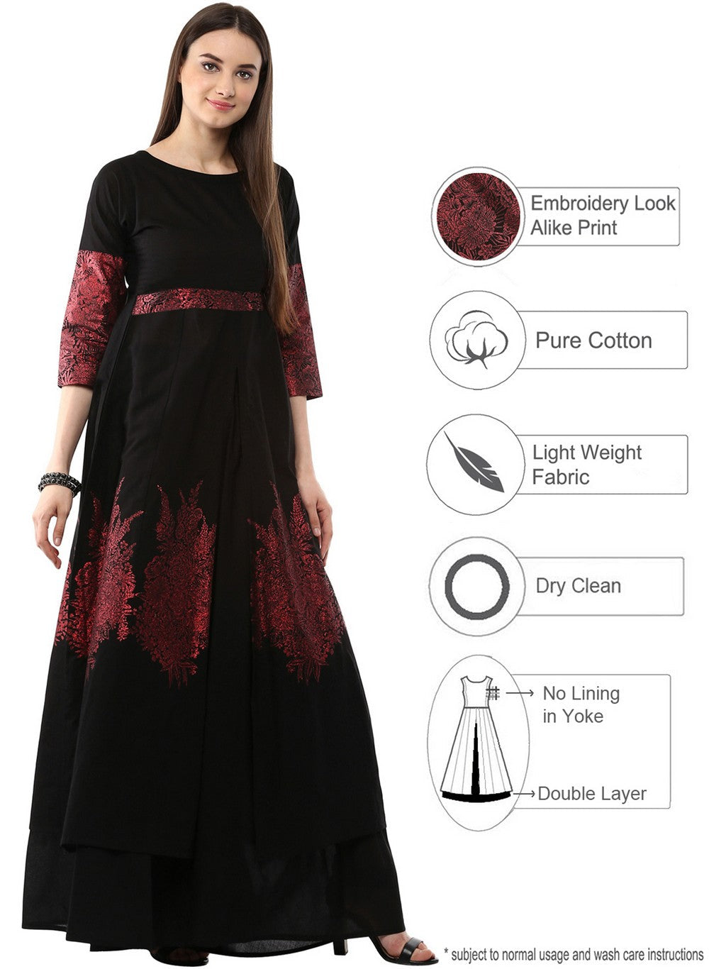 Ahalyaa Black & Red Cotton Blend Floor Length Anarkali Kurta Dress