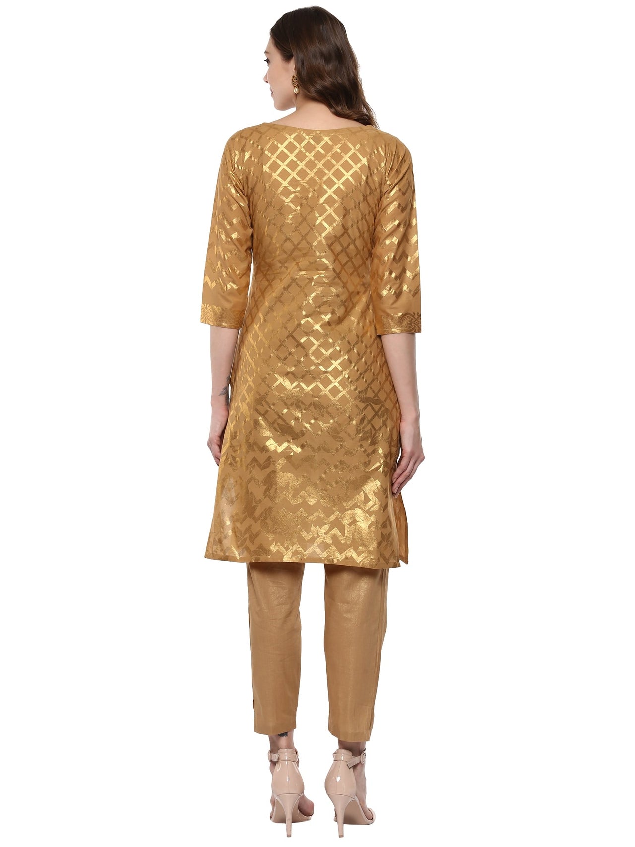 Ahalyaa Short Beige Cotton Blend Kurta With Metallic Gold Chevron Print