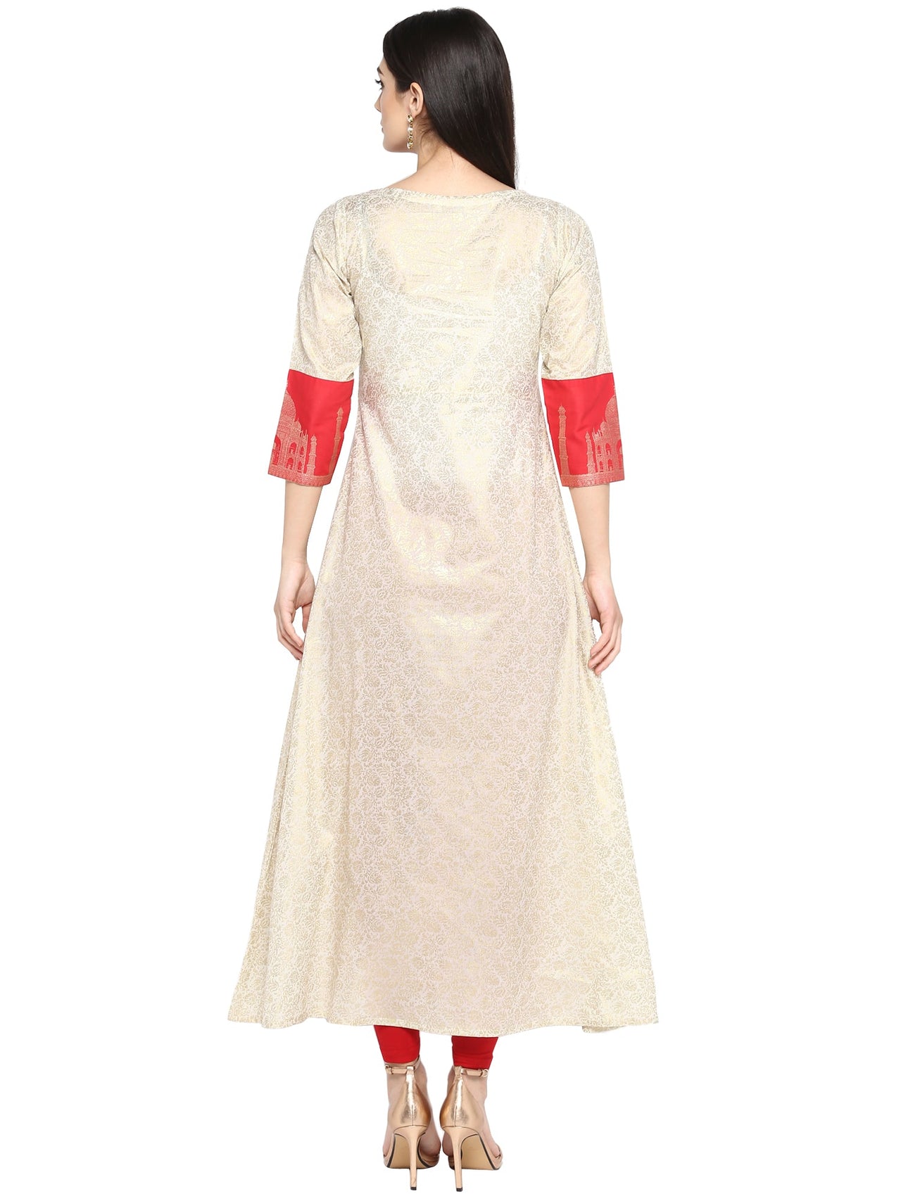 Ahalyaa Taj Mahal Print and Brocade Look Off White & Red Kurta