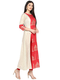 Thumbnail for Ahalyaa Taj Mahal Print and Brocade Look Off White & Red Kurta