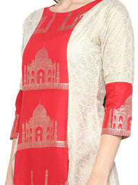 Thumbnail for Ahalyaa Taj Mahal Print and Brocade Look Off White & Red Kurta