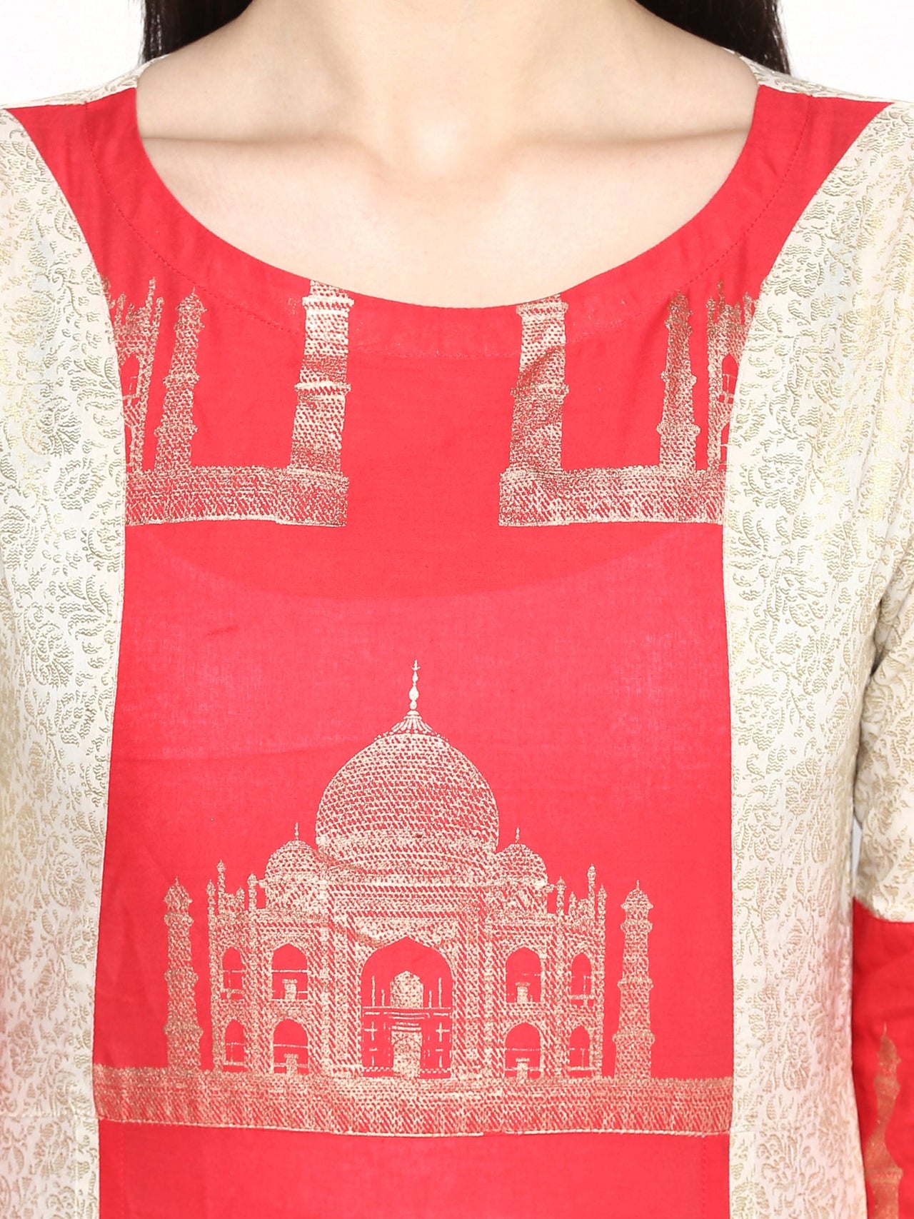 Ahalyaa Taj Mahal Print and Brocade Look Off White & Red Kurta