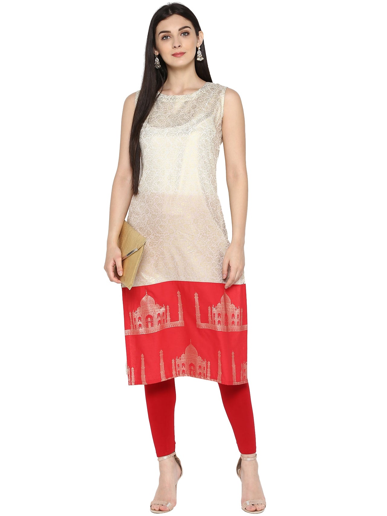 Ahalyaa Off White & Red Metallic Printed Straight Cotton Blend Kurta - Distacart