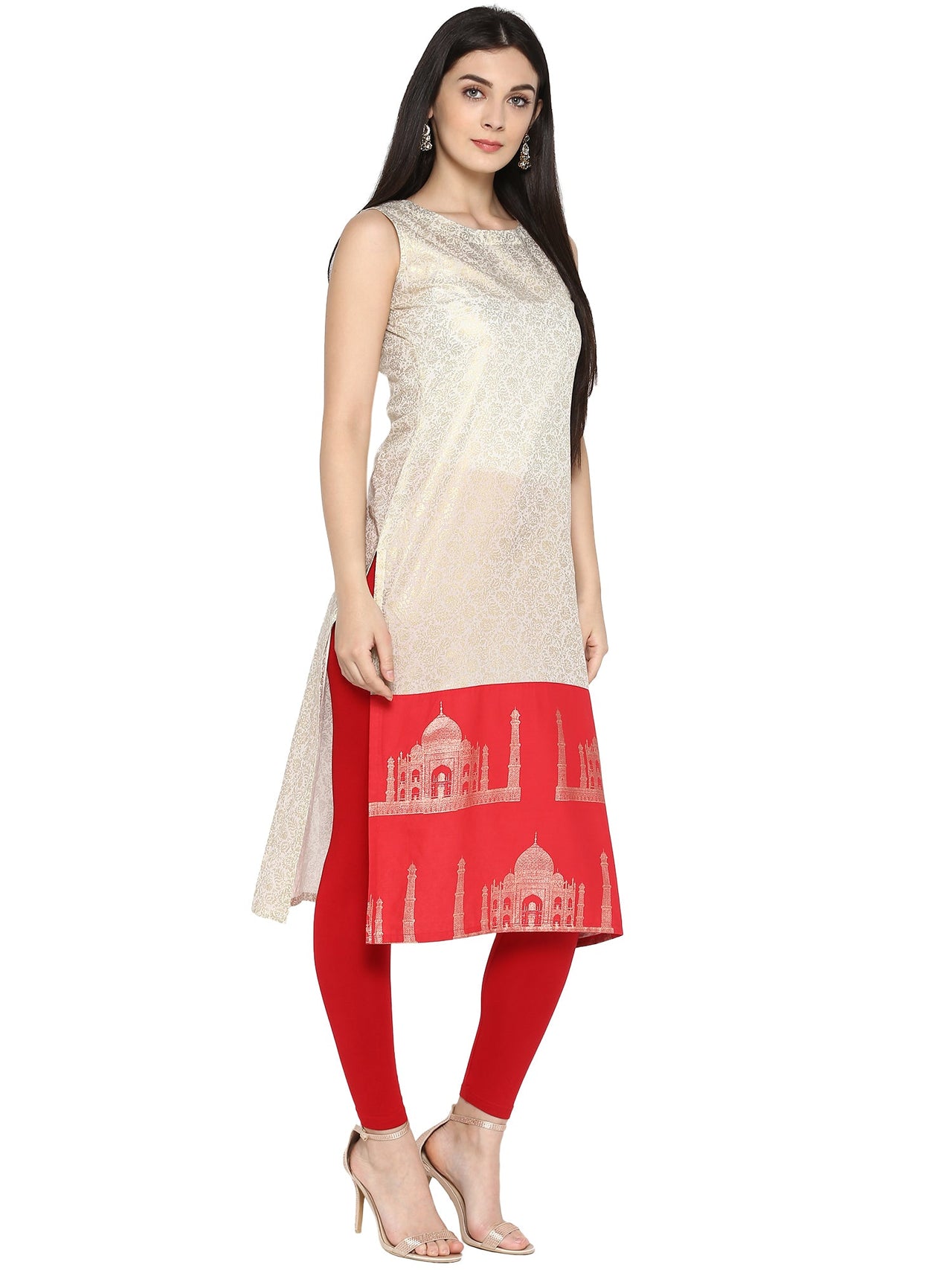 Ahalyaa Off White & Red Metallic Printed Straight Cotton Blend Kurta - Distacart