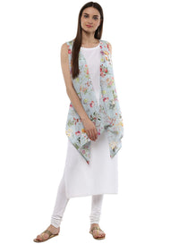 Thumbnail for Ahalyaa White & Blue Floral Scarf Cape Attached Straight Kurta
