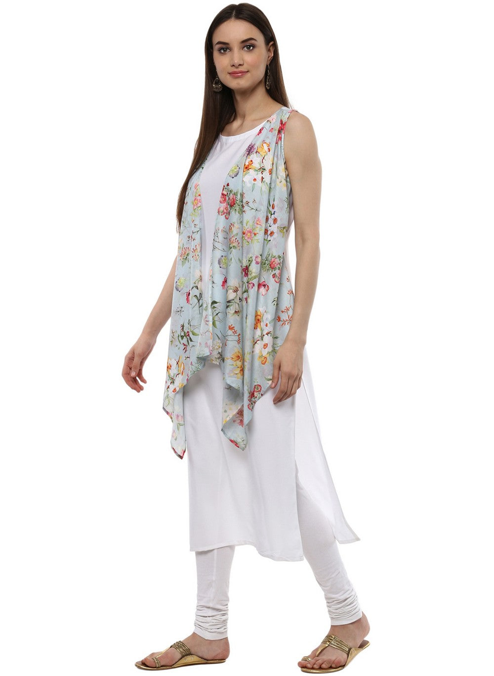 Ahalyaa White & Blue Floral Scarf Cape Attached Straight Kurta