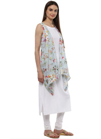 Thumbnail for Ahalyaa White & Blue Floral Scarf Cape Attached Straight Kurta