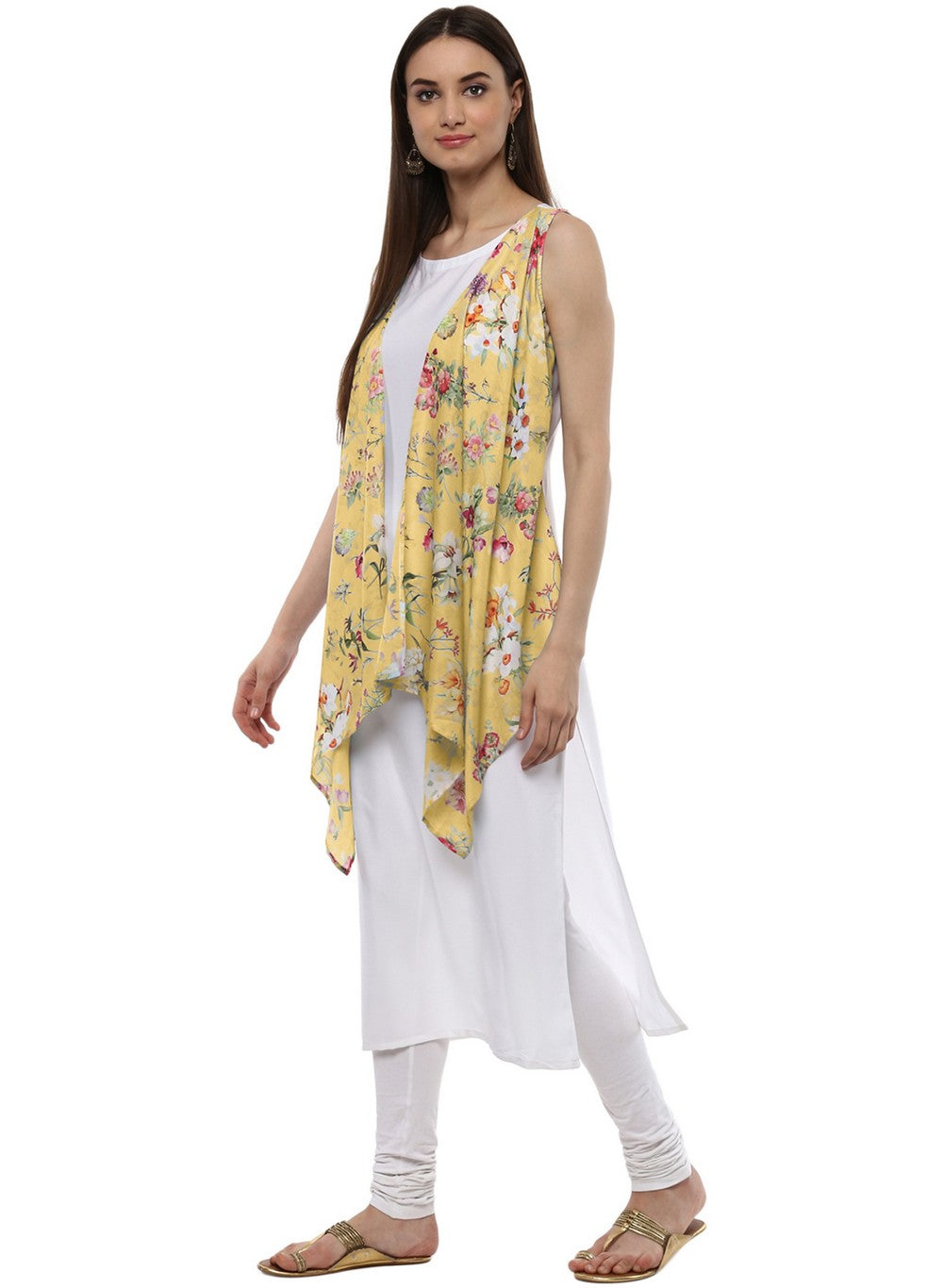 Ahalyaa White & Yellow Floral Scarf Cape Attached Straight Kurta
