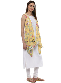 Thumbnail for Ahalyaa White & Yellow Floral Scarf Cape Attached Straight Kurta