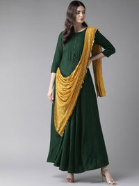 Thumbnail for Ahalyaa Women Green & Mustard Yellow Solid Maxi Dress With Attached Dupatta