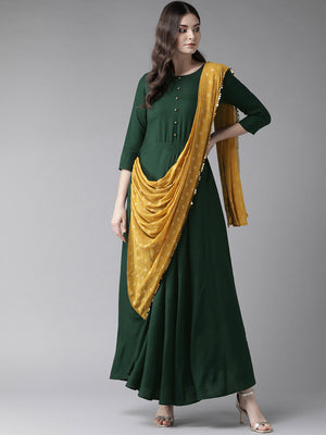 Ahalyaa Women Green & Mustard Yellow Solid Maxi Dress With Attached Dupatta