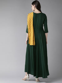 Thumbnail for Ahalyaa Women Green & Mustard Yellow Solid Maxi Dress With Attached Dupatta