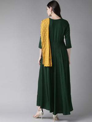 Ahalyaa Women Green & Mustard Yellow Solid Maxi Dress With Attached Dupatta