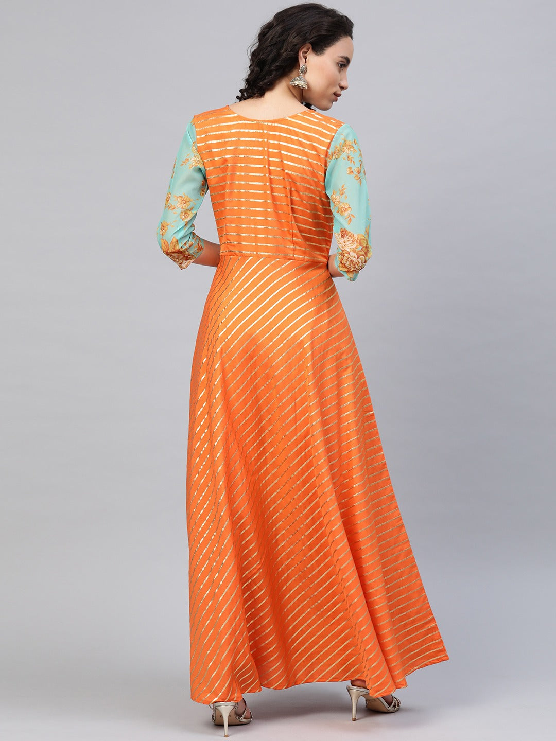 Ahalyaa Women Orange & Gold Ethnic Kurta Dress