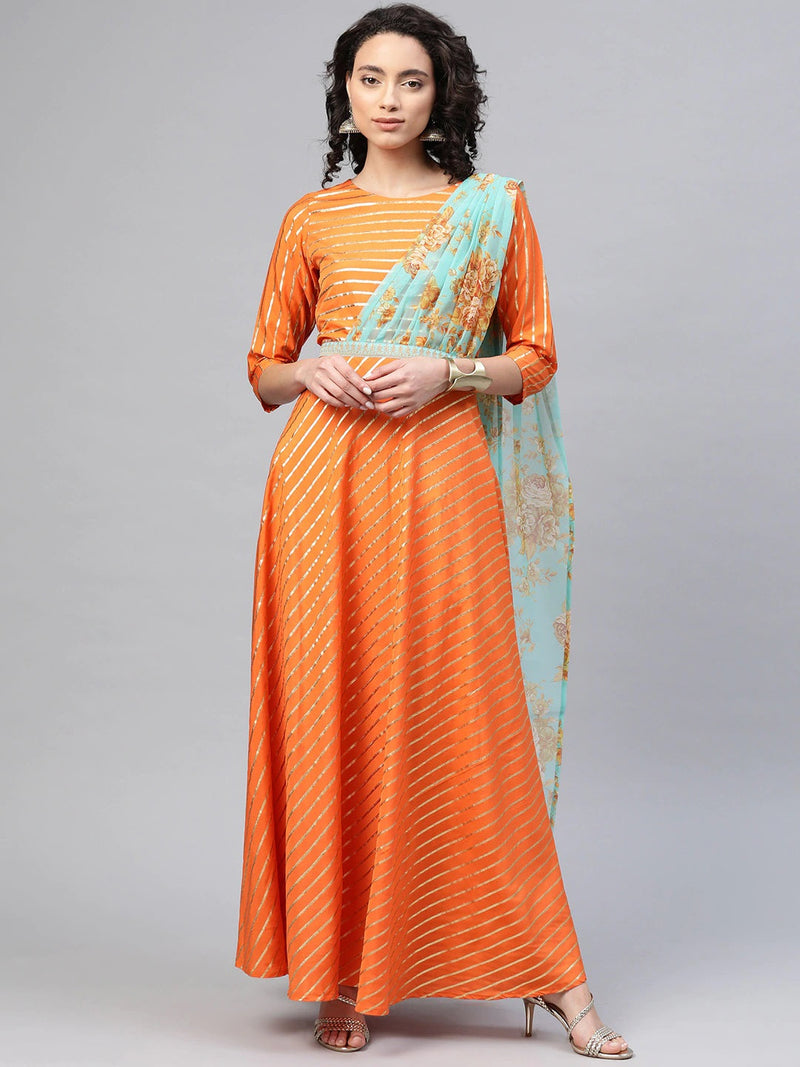 Ahalyaa Women Orange &amp; Gold Ethnic Kurta Saree Dress
