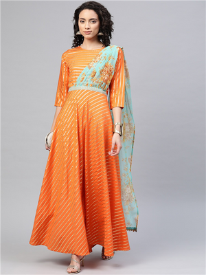 Ahalyaa Women Orange & Gold Ethnic Kurta Saree Dress