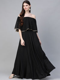 Thumbnail for Ahalyaa Women Black & Golden Foil Printed Detail Off-Shoulder Layered Maxi Dress