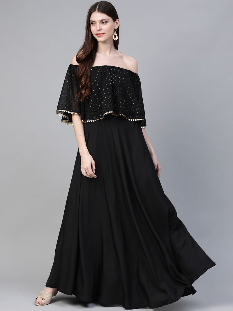 Ahalyaa Women Black &amp; Golden Foil Printed Detail Off-Shoulder Layered Maxi Dress